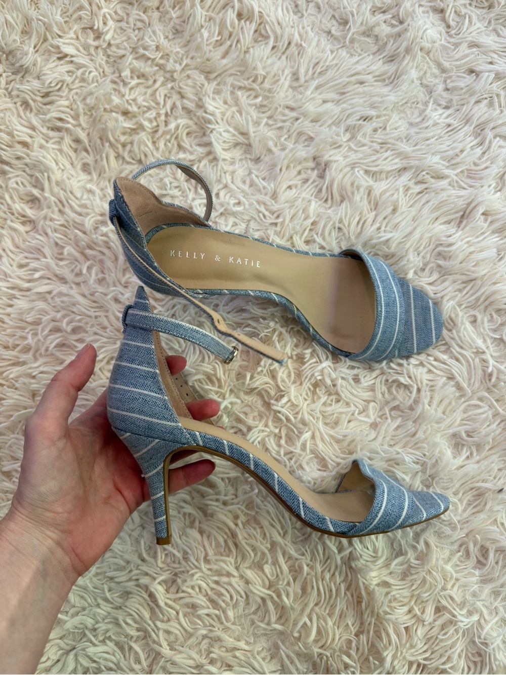 Kelly & Katie Nadia Blue Stripe Ankle Strap Pumps Heels Size 7.5 Denim Look